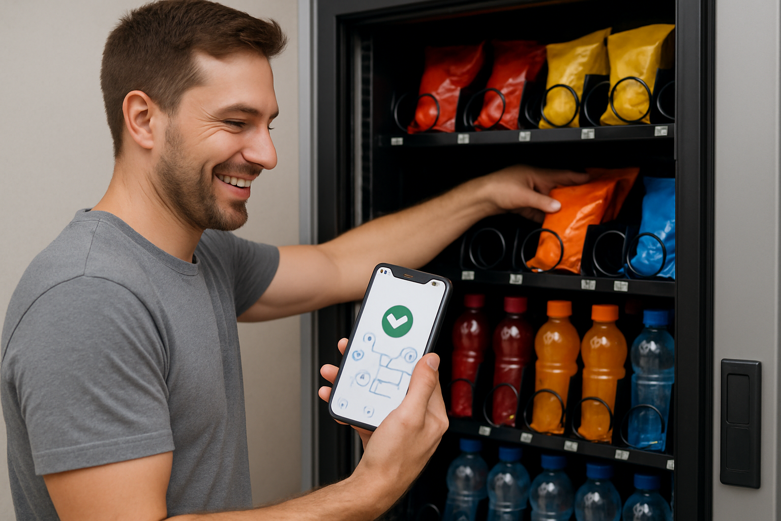 Person easily restocking a vending machine using an app